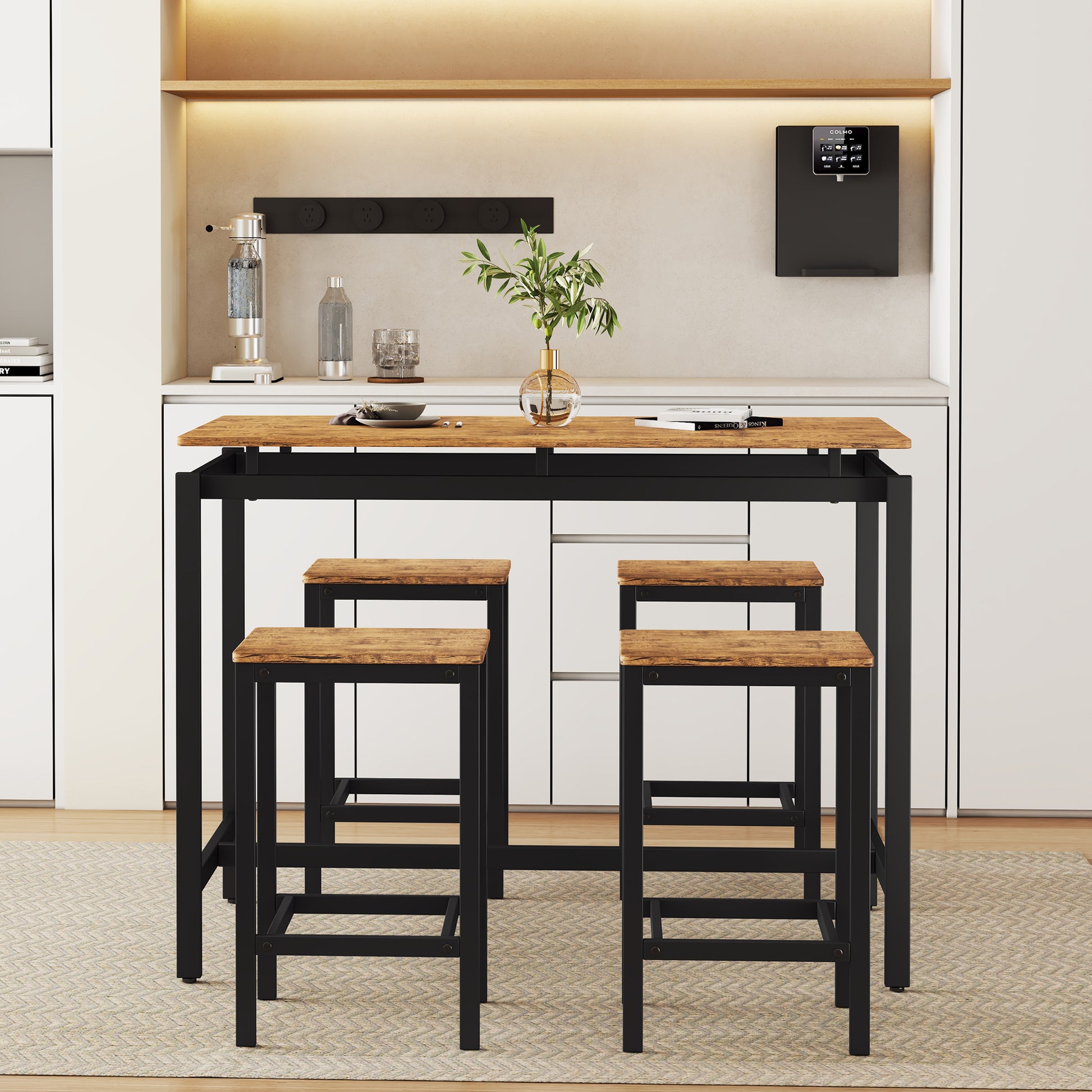 5 Piece Compact Bar Table Set With Table And Stools Modern Industrial Design, Space Saving Furniture For Dining Room And Breakfast Nook Brown Brown Mdf Steel