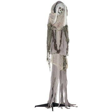 Outsunny 74" Life Size Outdoor Halloween Decorations Skeleton Witch, Sound And Motion Activated Animated Prop Animatronic D Cor With Light Up Eyes, Spooky Sound Multicolor Polyester