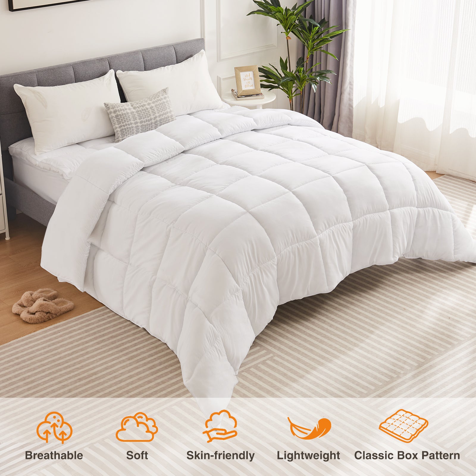 Bedding Polyester Comforter Duvet Insert, Quilted Comforter With Corner Tabs, Box Stitched Alternative Comforter With Ultra Soft Fiber Material, All Season Comforter Insert White Bedroom American Traditional Polyester Polyester