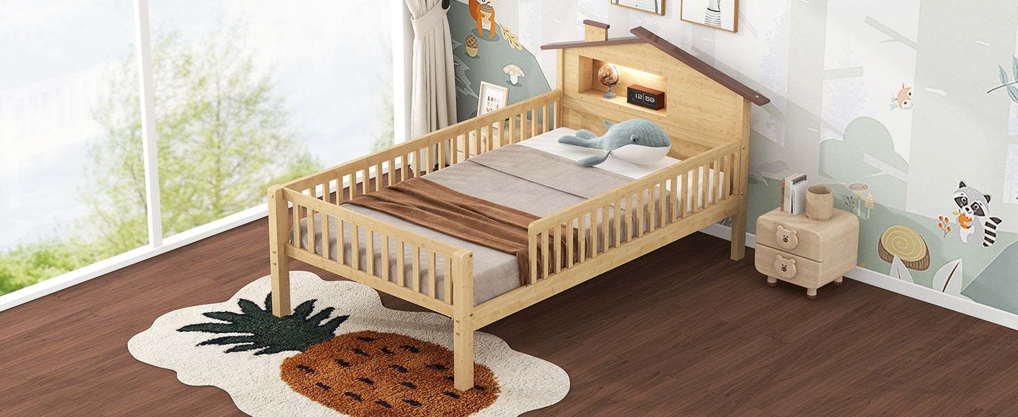 Twin Size Wood Platform Bed With House Shaped Headboard, Led And Built In Storage, Natural Box Spring Not Required Twin Natural Wood Bedroom Bed Frame Wood