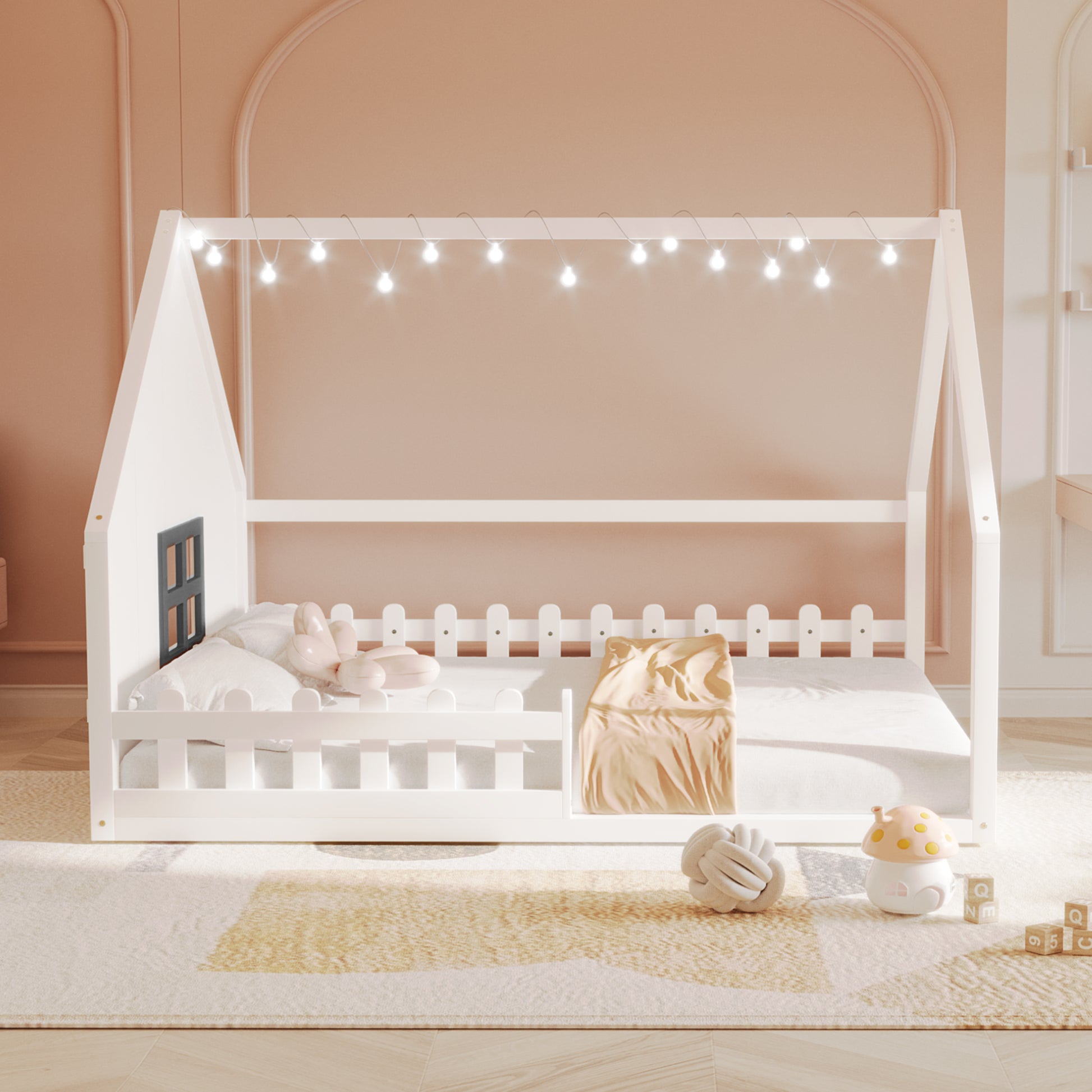 Full Size Wood House Bed With Window And Fence, White Old Sku: Wf304147Aak Box Spring Not Required Full White Wood Bedroom Pine Bed Frame Solid Wood Mdf