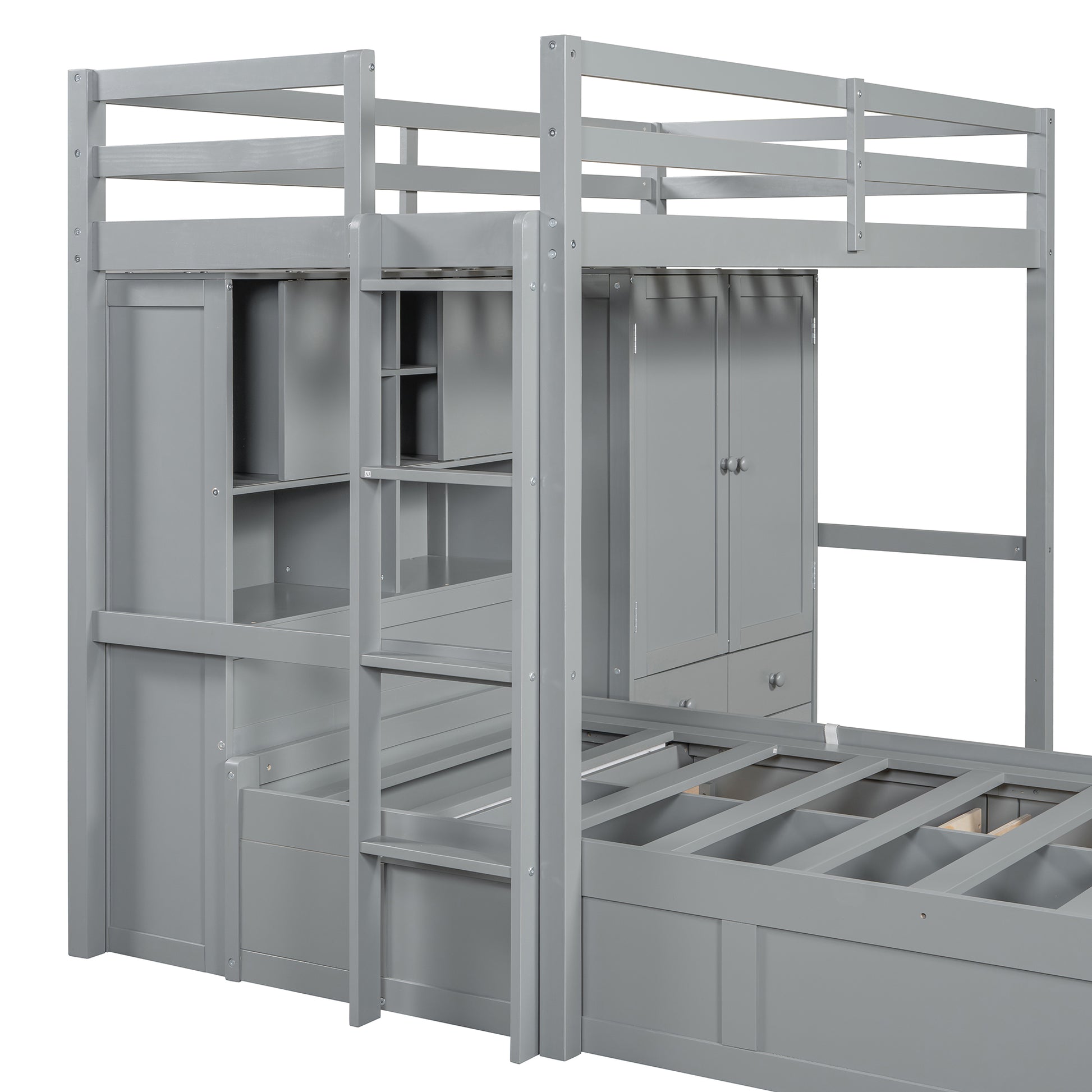 Twin Bunk Bed With Drawers, Wardrobe, Storage Shelves And Hydraulic Bed,Grey Grey Mdf Lvl