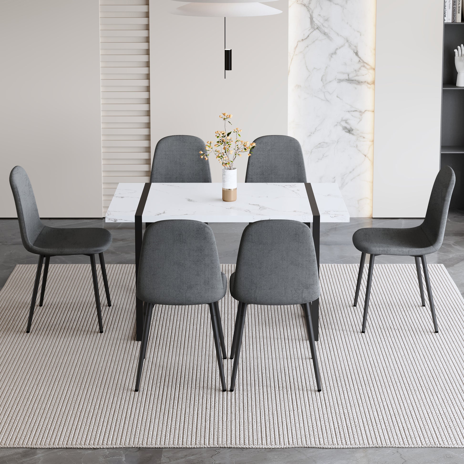 Table And Chair Set.A Modern Minimalist White Marble Veined Mdf Dining Table With Metal Frame.Paired With 6 Dark Gray Dining Chairs With Fabric Cushion And Black Metal Legs. Dark Gray,White Seats 6