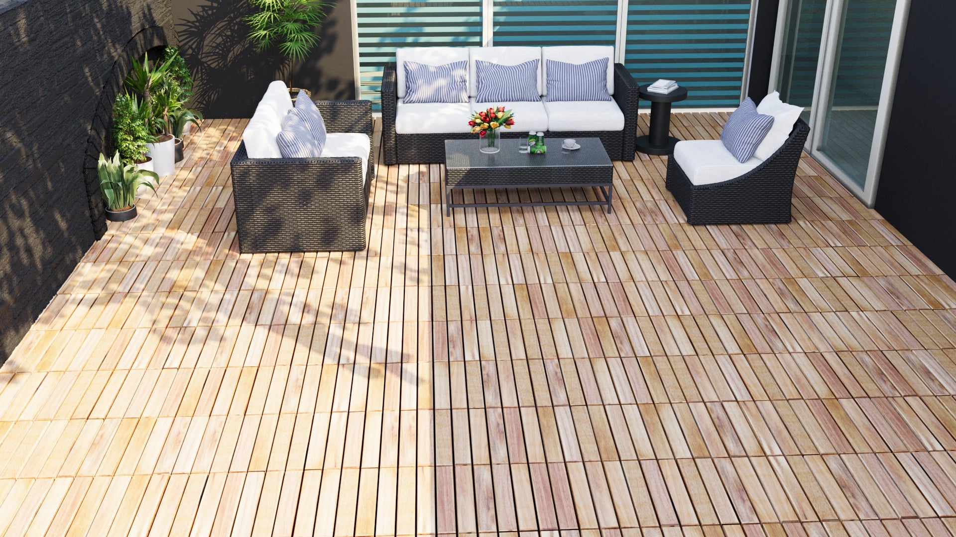 30 Pcs Interlocking Deck Tiles Striped Pattern, 12" X 12" Square Yellow Acacia Hardwood Outdoor Flooring For Patio, Bancony, Pool Side,.. Yellow Garden & Outdoor American Design,American Traditional Acacia Wood