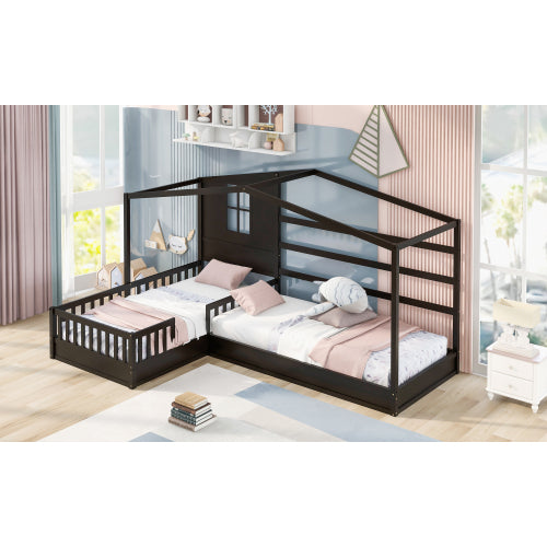 Wood House Bed Twin Size, 2 Twin Solid Bed L Structure With Fence And Slatted Frame, Espresso Twin Espresso Plywood