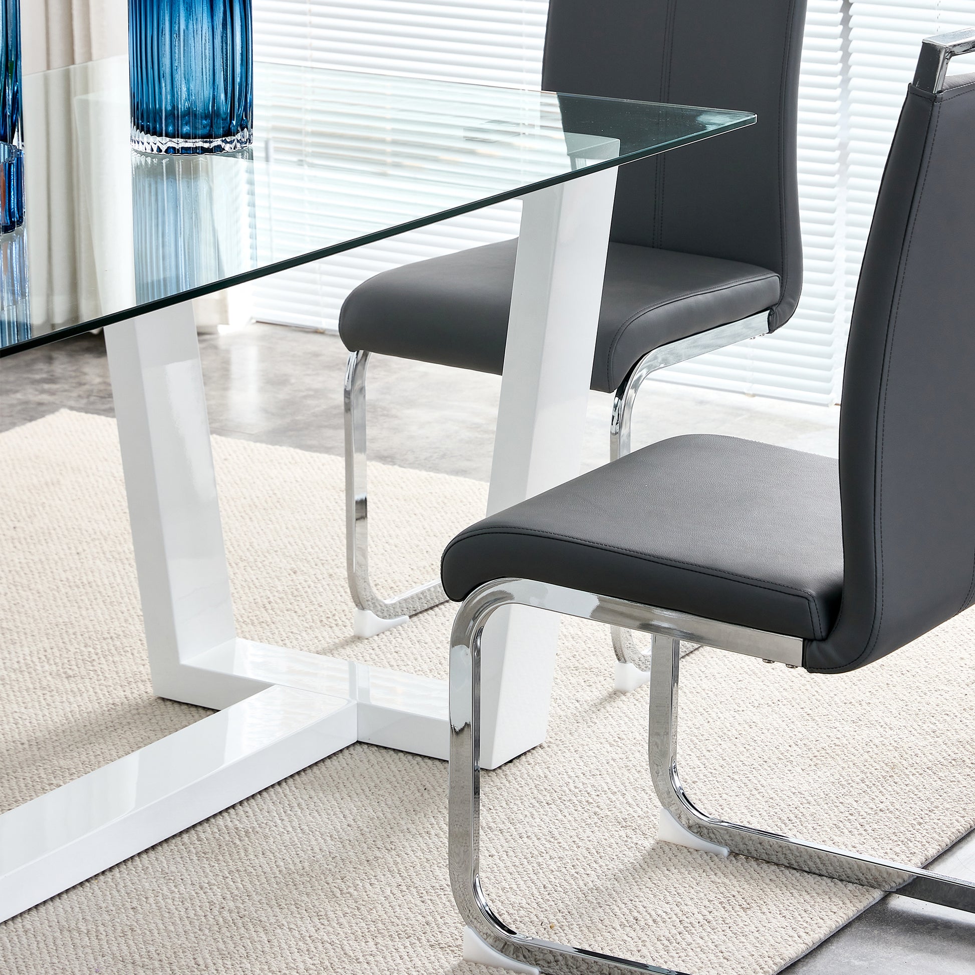 Glass Dining Table Large Modern Minimalist Rectangular For 6 8 With 0.4" Tempered Glass Tabletop And White Mdf Trapezoid Bracket,For Kitchen Dining Living Meeting Room Banquet Hall F 1550 Transparent Mdf Glass