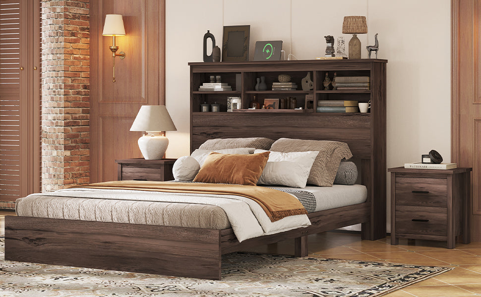 Queen Size Wooden Platform Bed With Storage Headboard,American Country Style Bed With Usb Charging Ports,Dark Walnut Queen Walnut American Traditional Mdf