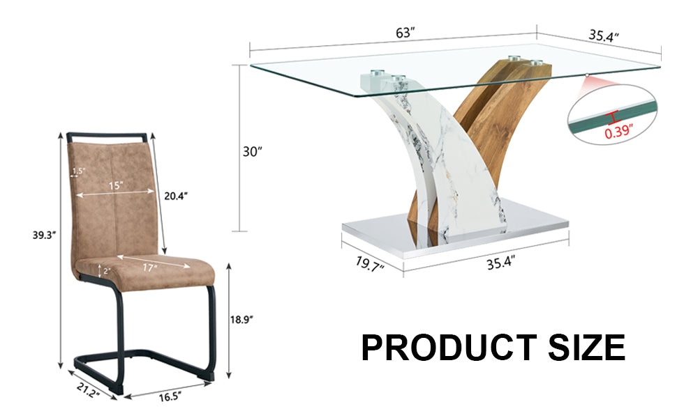 Table And Chair Set.Modern Dining Table, Tempered Glass Countertop With Artistic Mdf Legs.Paried With 6 Comfortable Chairs With Pu Seats And Metal Legs. Suitable For Various Decoration Styles. Black Brown,Transparent Seats 6 Mdf Metal