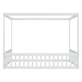 Full Size Canopy Frame Floor Bed With Fence, Guardrails,White Full White American Design Pine