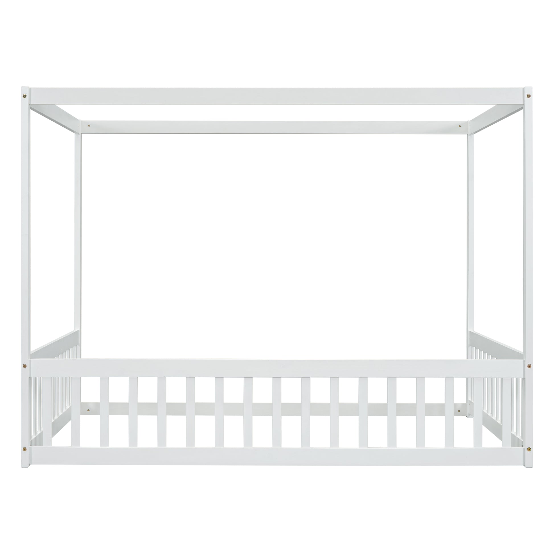 Full Size Canopy Frame Floor Bed With Fence, Guardrails,White Full White American Design Pine