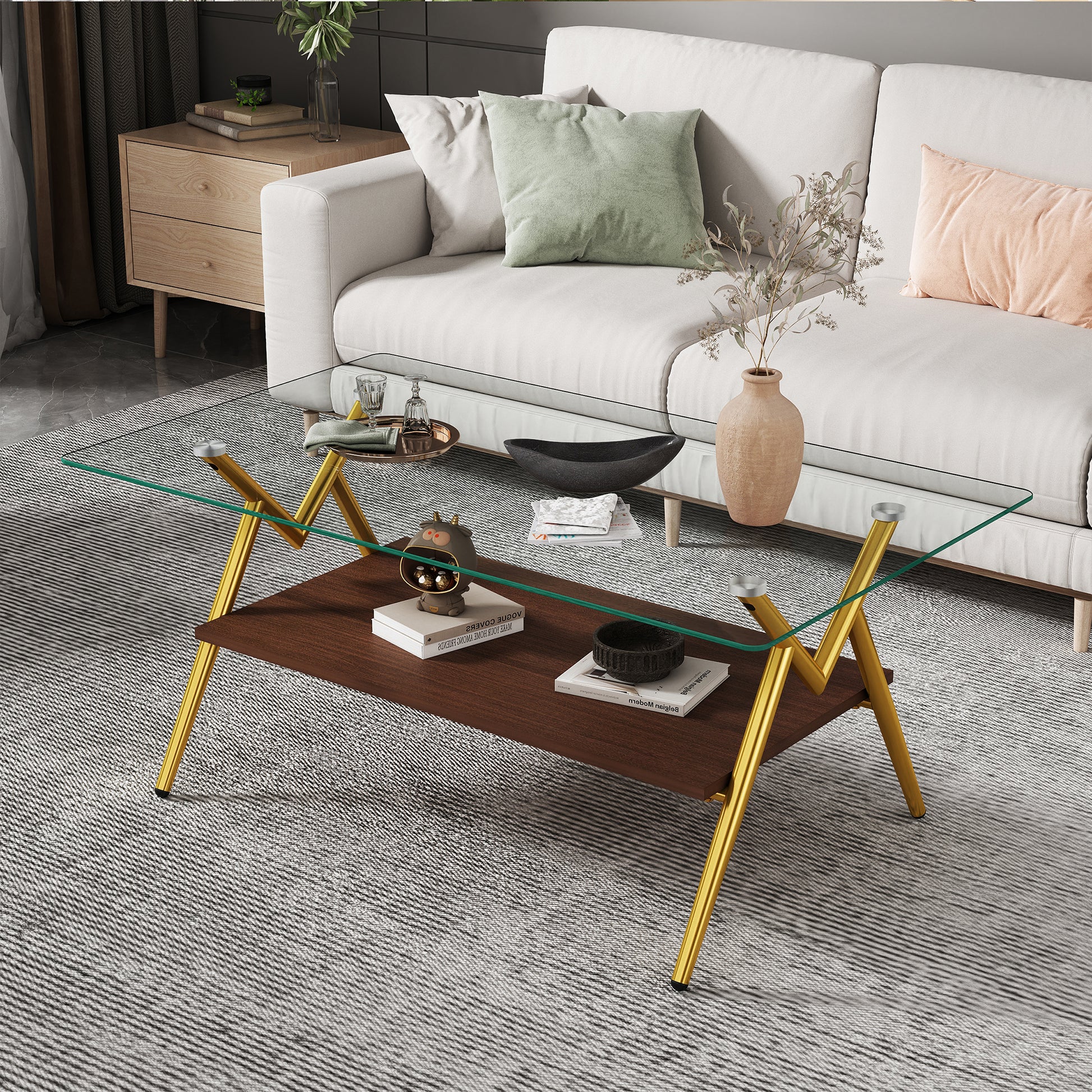 Rectangle Coffee Table With Tempered Glass Top And Golden Metal Legs, Modern Table For Living Roomtransparent Glass Transparent Tempered Glass