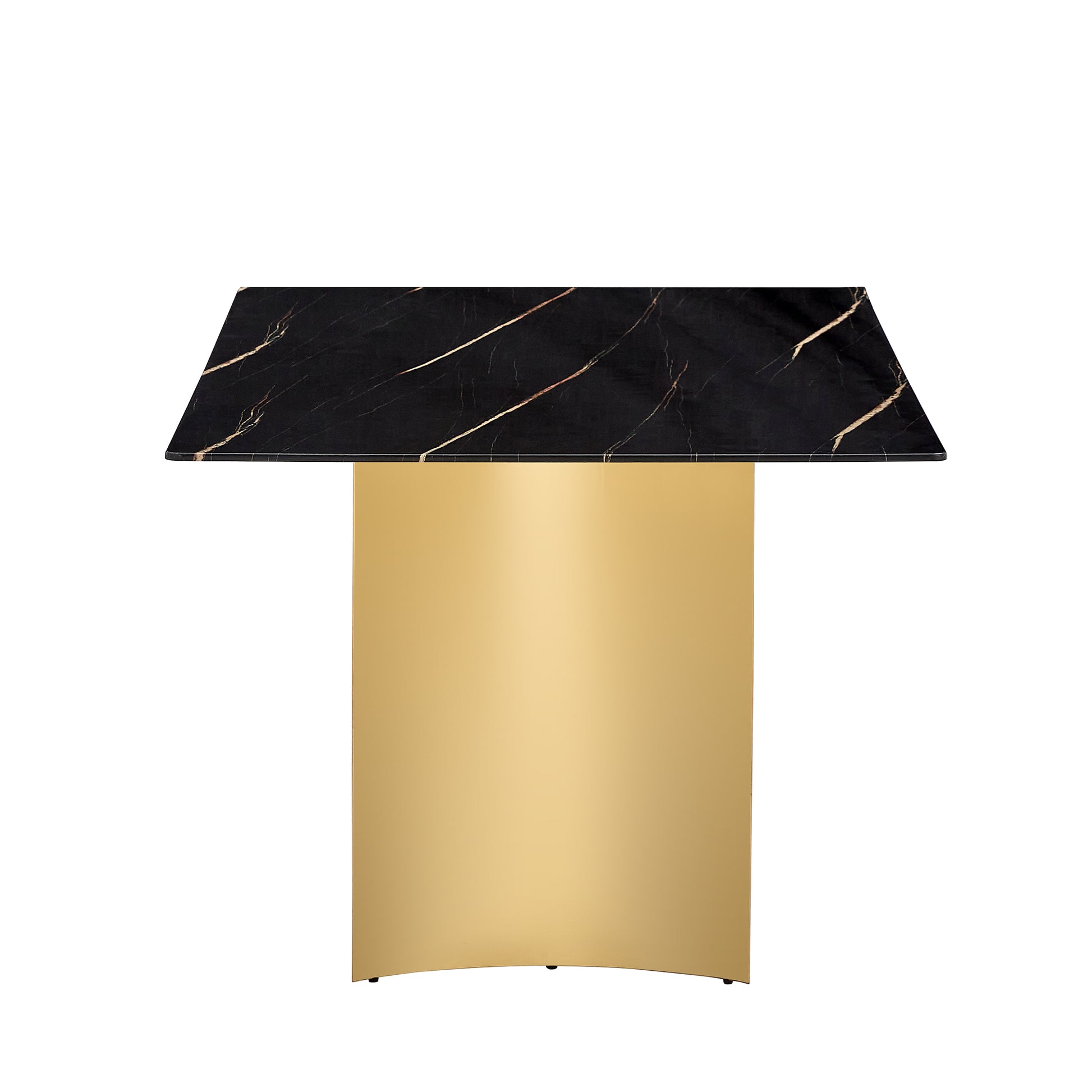 Table And Chair Set.The Table Has A Glass Top With Imitation Marble Pattern Stickers And Stainless Steel Golden Legs. Paried With Chairs With Pu Artificial Leather Backrest Cushions And Black Legs. Black Gold Seats 6 Glass Metal