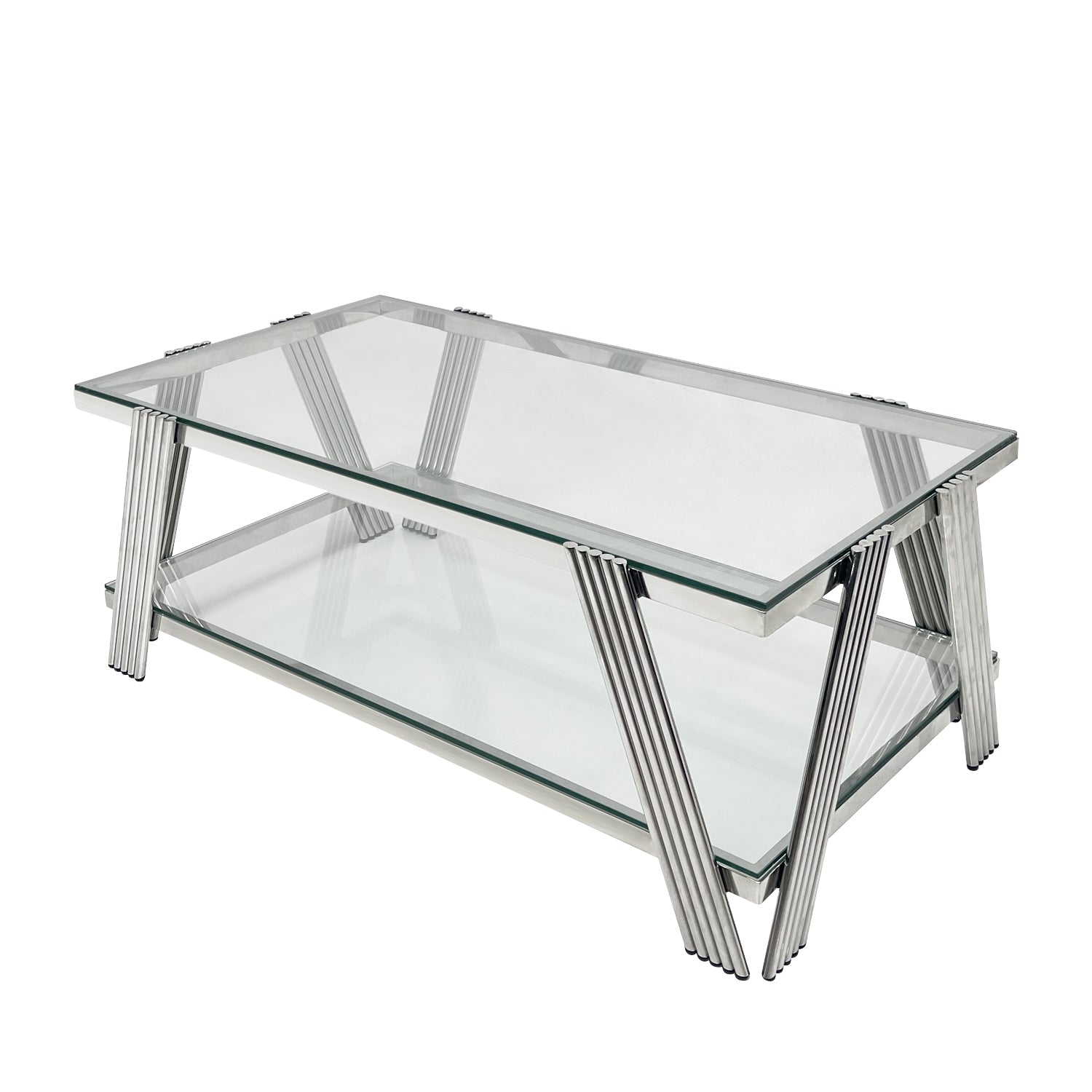 47" Wide Rectangle Modern Stainless Steel Coffee Table, Double Layer Clear Tempered Glass Coffee Table, Center Table With Storage, For Living Room Home Office, Easy Assembly, Silver Clear,Silver