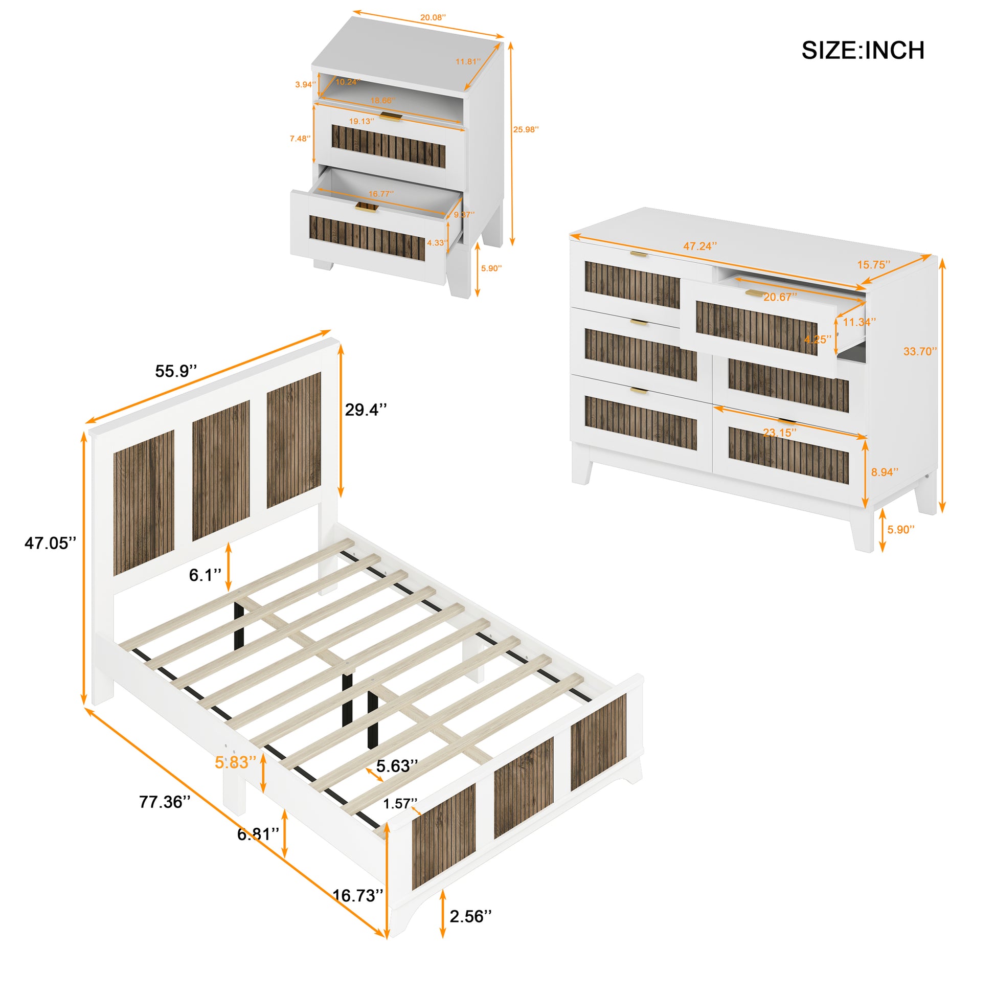 4 Pieces Bedroom Sets, Full Size Farmhouse Platform Bed With Wooden Strip Decoration, Storage Nightstand And Dresser With Metal Handle, White Full White 4 Piece Set Particle Board