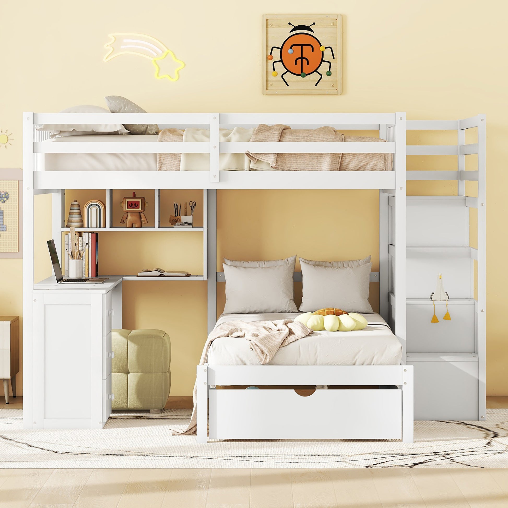 Full Over Twin Bunk Bed With Desk, Drawers And Shelves, White White Solid Wood