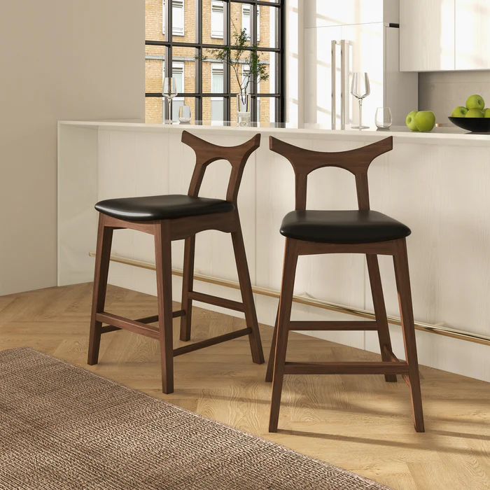 Hester Solid Wood Upholstered Square Bar Chair Set Of 2 Black,Brown Brown Dining Room Mid Century Modern Foam Pu Leather,Solid Wood