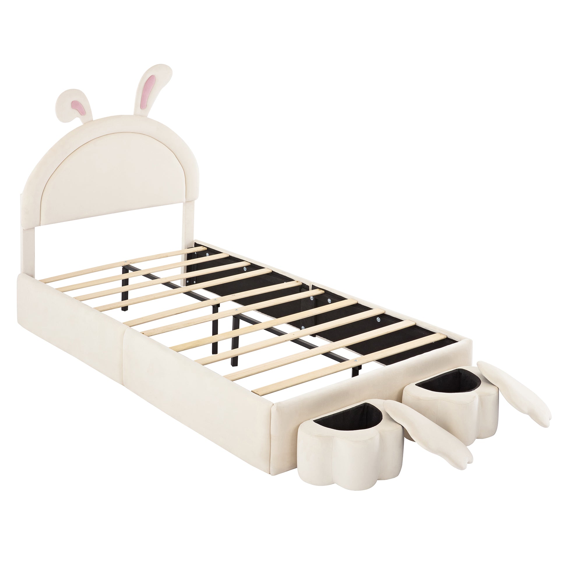 Twin Size Upholstered Rabbit Shape Bed With 2 Storage Stools, Velvet Platform Bed With Cartoon Ears Shaped Headboard, White Twin White Wood