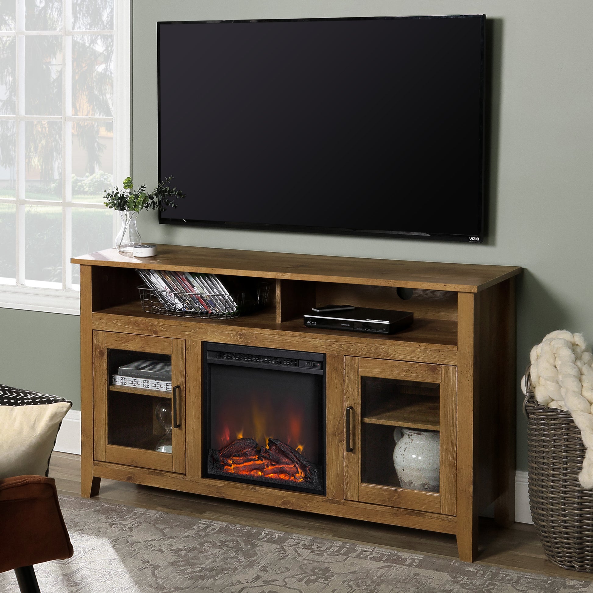 Classic Glass Door Fireplace Tall Tv Stand For Tvs Up To 65" Barnwood Barnwood Mdf