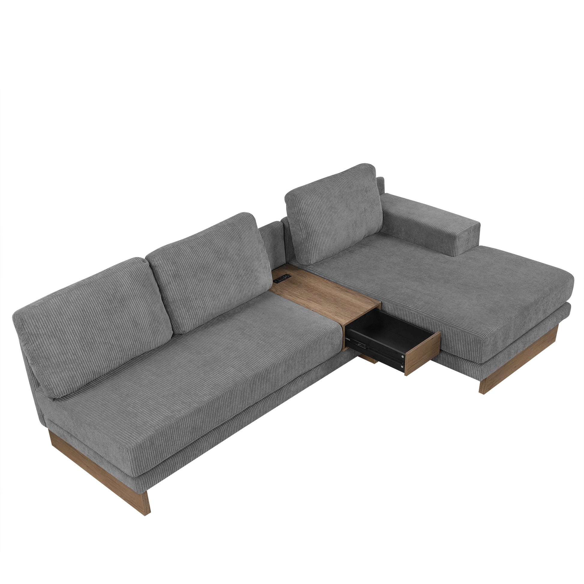 114" L Shaped Sofa Sectional Sofa With Two Usb Ports And Two Power Sockets, A Storage Drawer And A Reversible Chaise Lounge For Living Room, Grey Grey Foam Corduroy 3 Seat