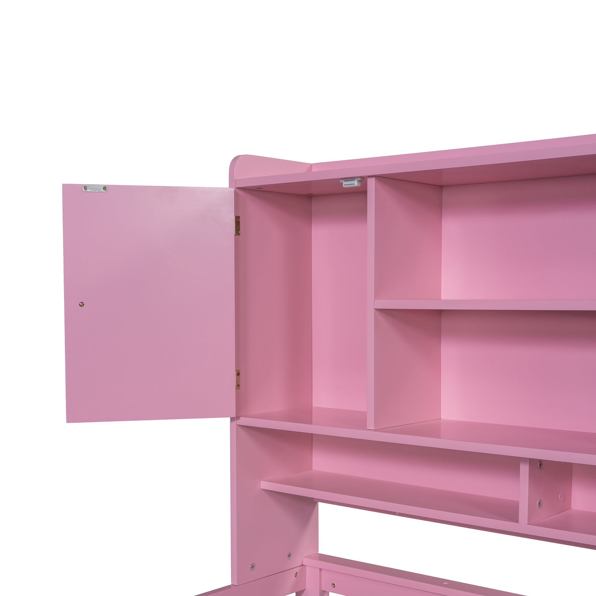 Twin Size Multifunctional Wood Platform Bed With Bookshelf At The Head Of The Bed, Built In Desk And Matching Chair, Pink Twin Pink Wood