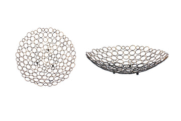 Decorative Metal Tray With Mesh Design And Ball Support,Gold And Black Gold Metal
