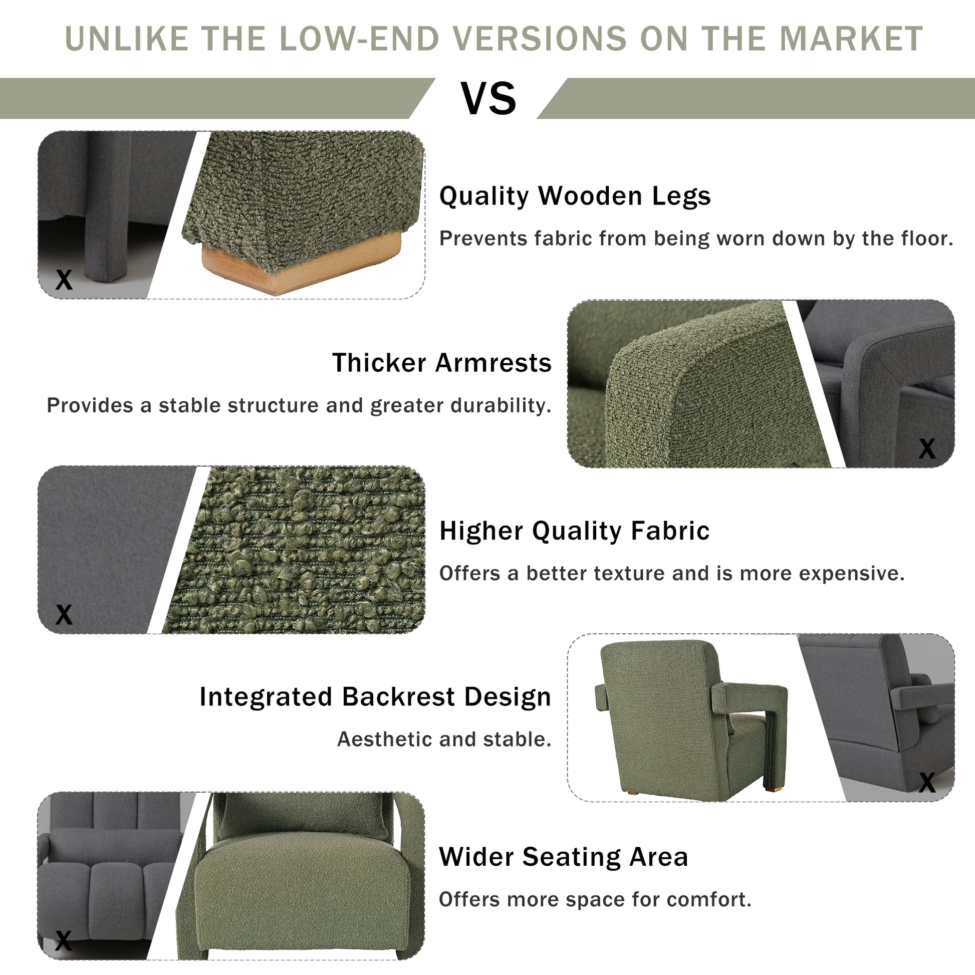 Mirod Sleek Right Angle Armrests, Ergonomic Lumbar Support, Square Wooden Block Legs, Inclined Seat For Comfort, Artistic Statement Piece For Living Room,Bedroom And Study Green Boucle