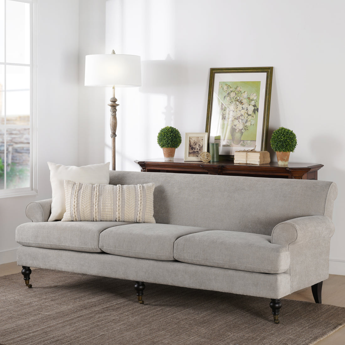 Alana Lawson Three Cushion Tightback Sofa, Silver Grey Polyester Silver Grey Foam Polyester 3 Seat