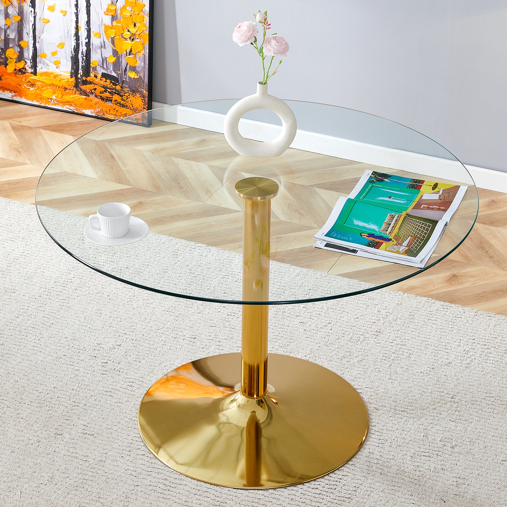 A 47 Inch Diameter Glass Top And A Modern, Minimalist Round Dining Table With Gold Metal Legs. Ideal For Dining Rooms, Living Rooms And Meeting Rooms. Model: Dt 1166 Gold Glass Metal