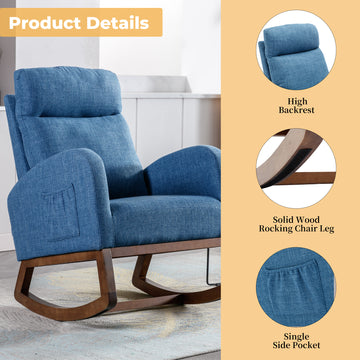 Coolmore Rocking Chair, Modern Glider Chair, Recliner Armchair With Wood Legs And Side Pocket, Nursery Rocking Accent Chair With High Back For Living Room Bedroom Blue Linen Blue Foam Linen