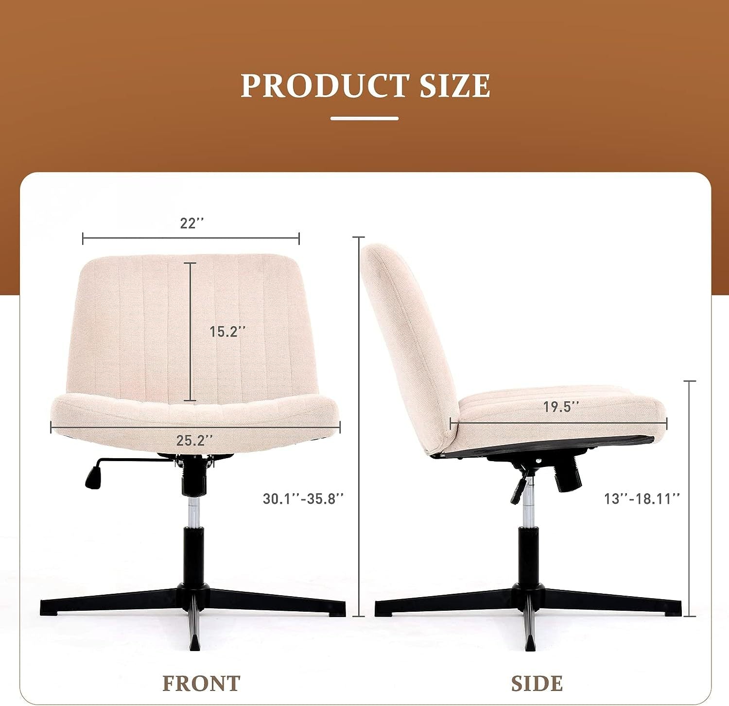 Cross Legged Office Chair, Wide Comfty Desk Chair, Fabric Vanity Home Chair No Wheels Armless Computer Task Chair, Swivel And Height Adjustable Beige Fabric