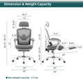 Retractable Footrest Ergonomic Swivel Office Chair With Lumbar Support Pillow And Padded Armrests, Grey Grey Metal