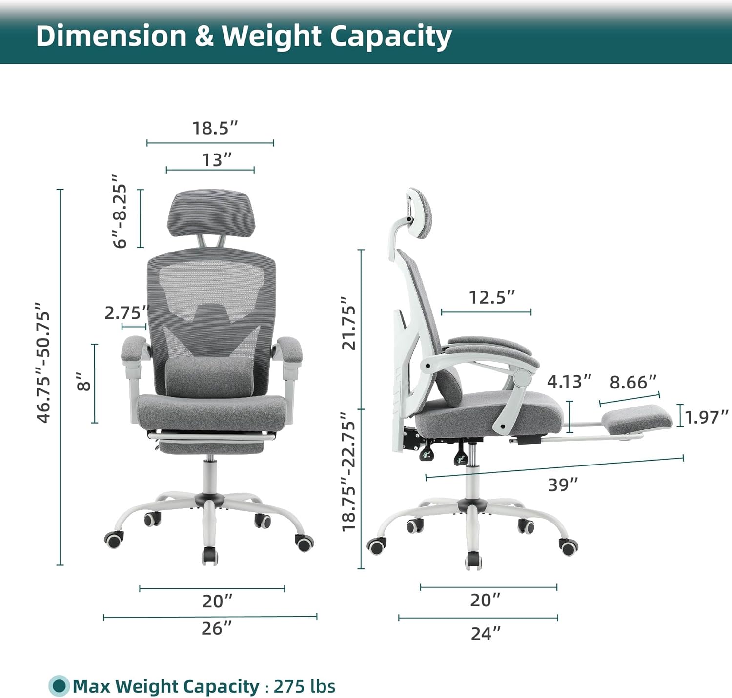 Retractable Footrest Ergonomic Swivel Office Chair With Lumbar Support Pillow And Padded Armrests, Grey Grey Metal