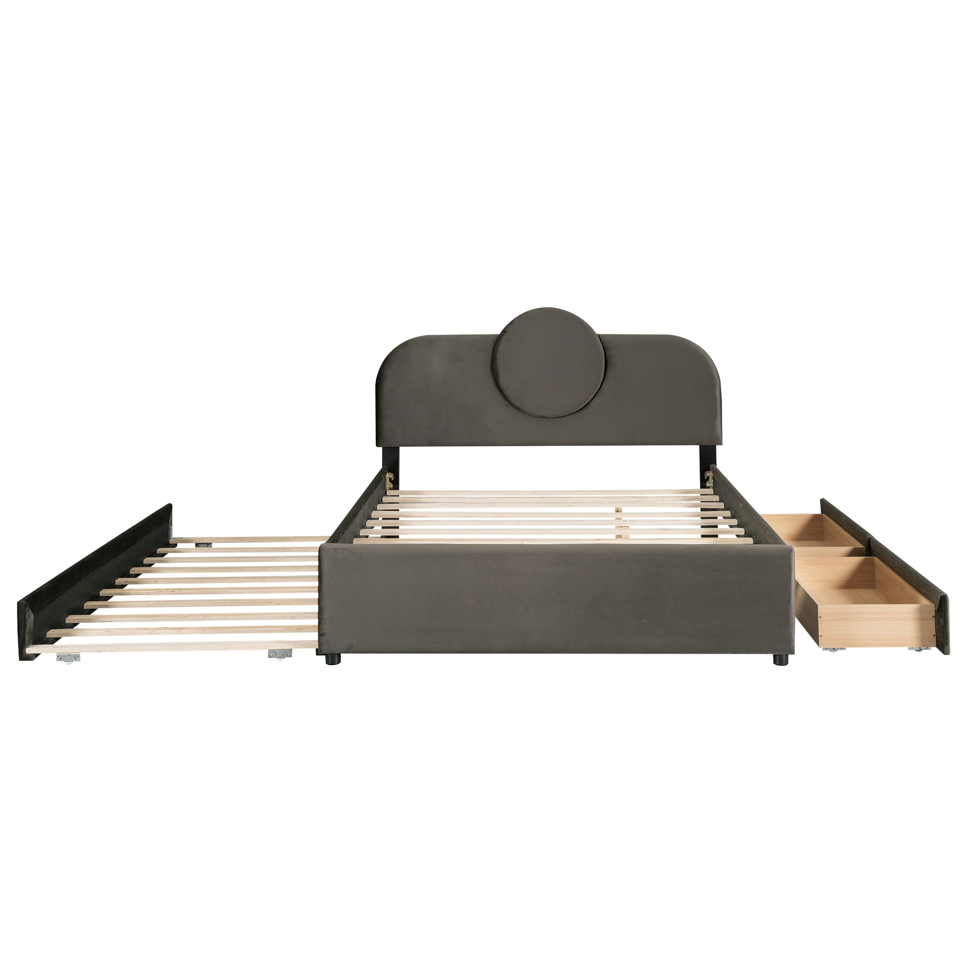 Queen Size Upholstered Platform Bed With Multi Functional Headboard, Trundle And 2 Drawers, Gray Box Spring Not Required Queen Gray Wood Bedroom Upholstered