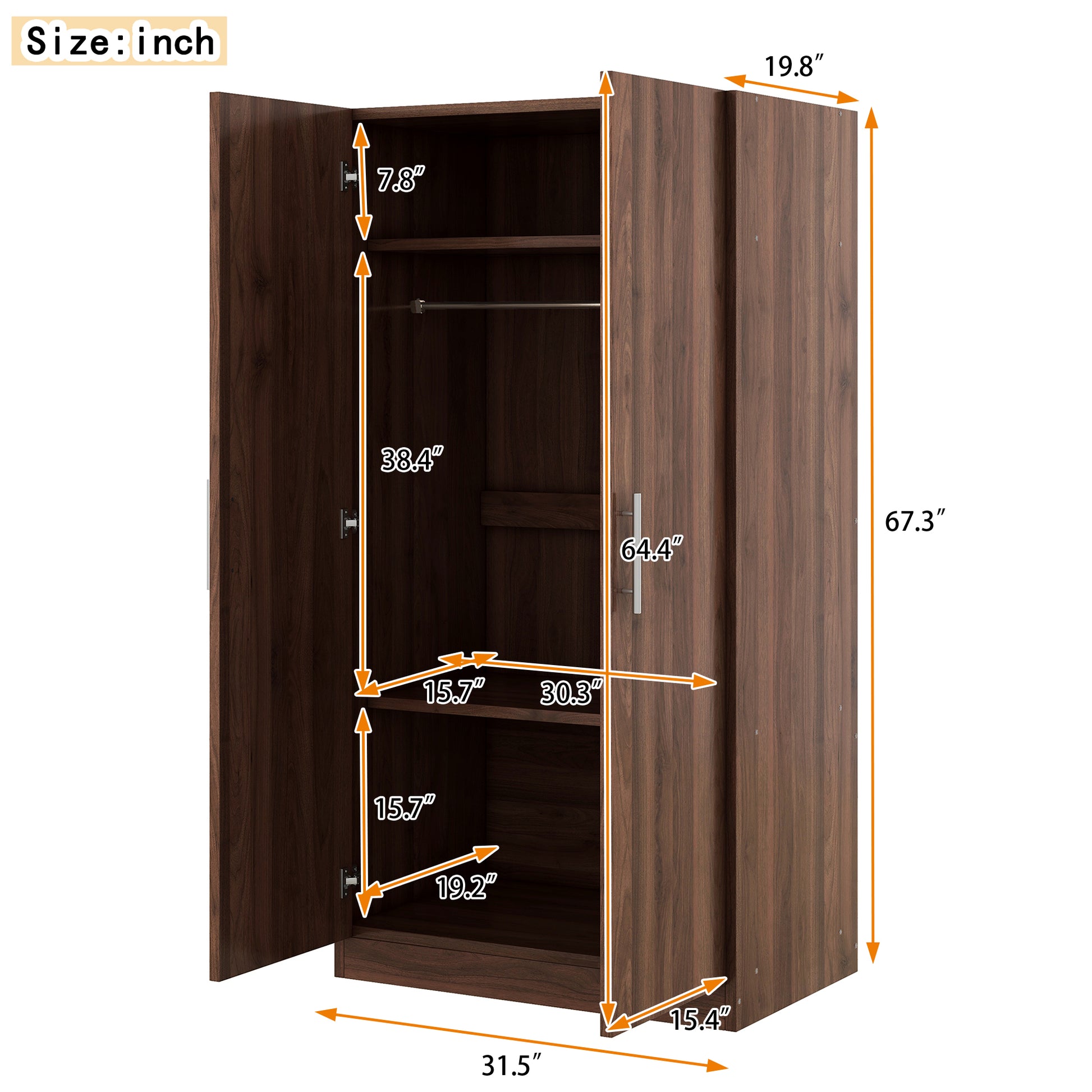 2 Door Wooden Wardrobe Armoire With 3 Storage Shelves, Brown Brown Solid Wood Mdf