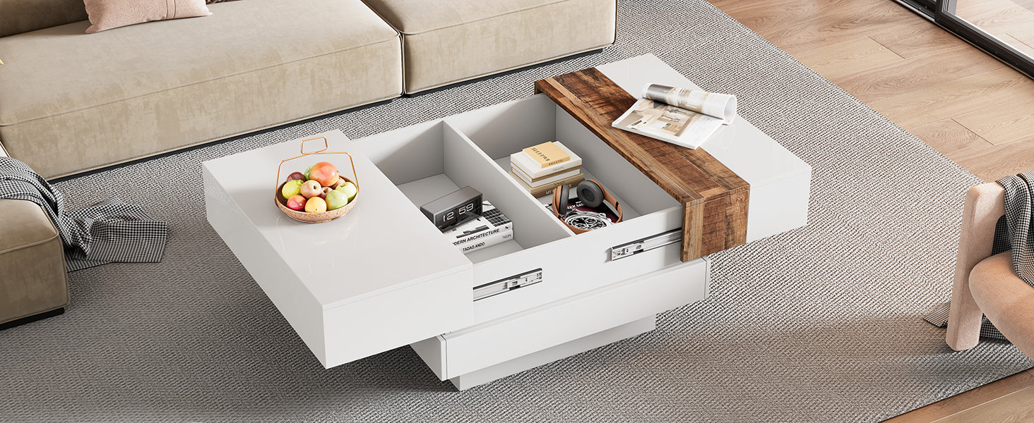 31.4'' X 31.4'' Square Coffee Table With Sliding Tabletop, High Gloss Center Table With Hidden Storage Compartment, Extendable Cocktail Table With Walnut Grain Finish For Living Room, White White Square Mdf