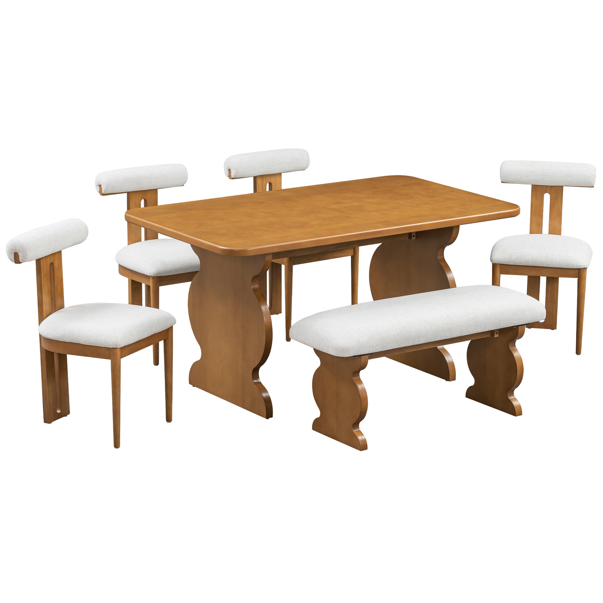 6 Piece Dining Set, Mid Century Modern Table Set For 6 Persons With 4 Chairs And Bench, Padded Seats And Backrest, Walnut Wood Dining Room Solid Wood Rubberwood Rectangular Dining Table With Chair And Bench Upholstered Chair Wood Walnut Seats 6 60 Inches