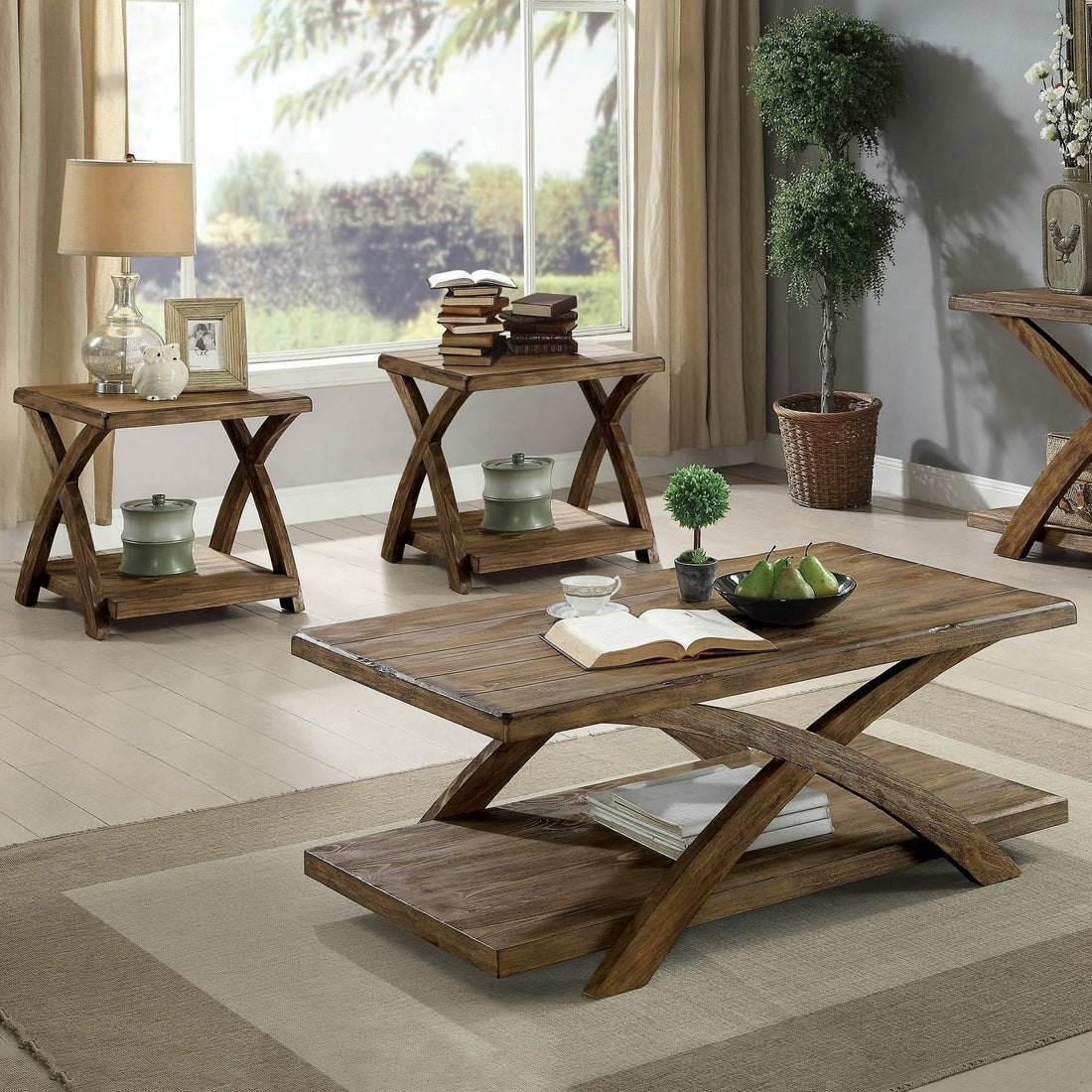 Transitional 3Pc Table Set Occasional Tables Living Room 1X Coffee Table And 2X End Tables Plank Style Top Antique Light Oak Light Oak Primary Living Space Antique,Contemporary,Modern,Rustic,Transitional Rubberwood Open Storage Rectangular Coffee & End