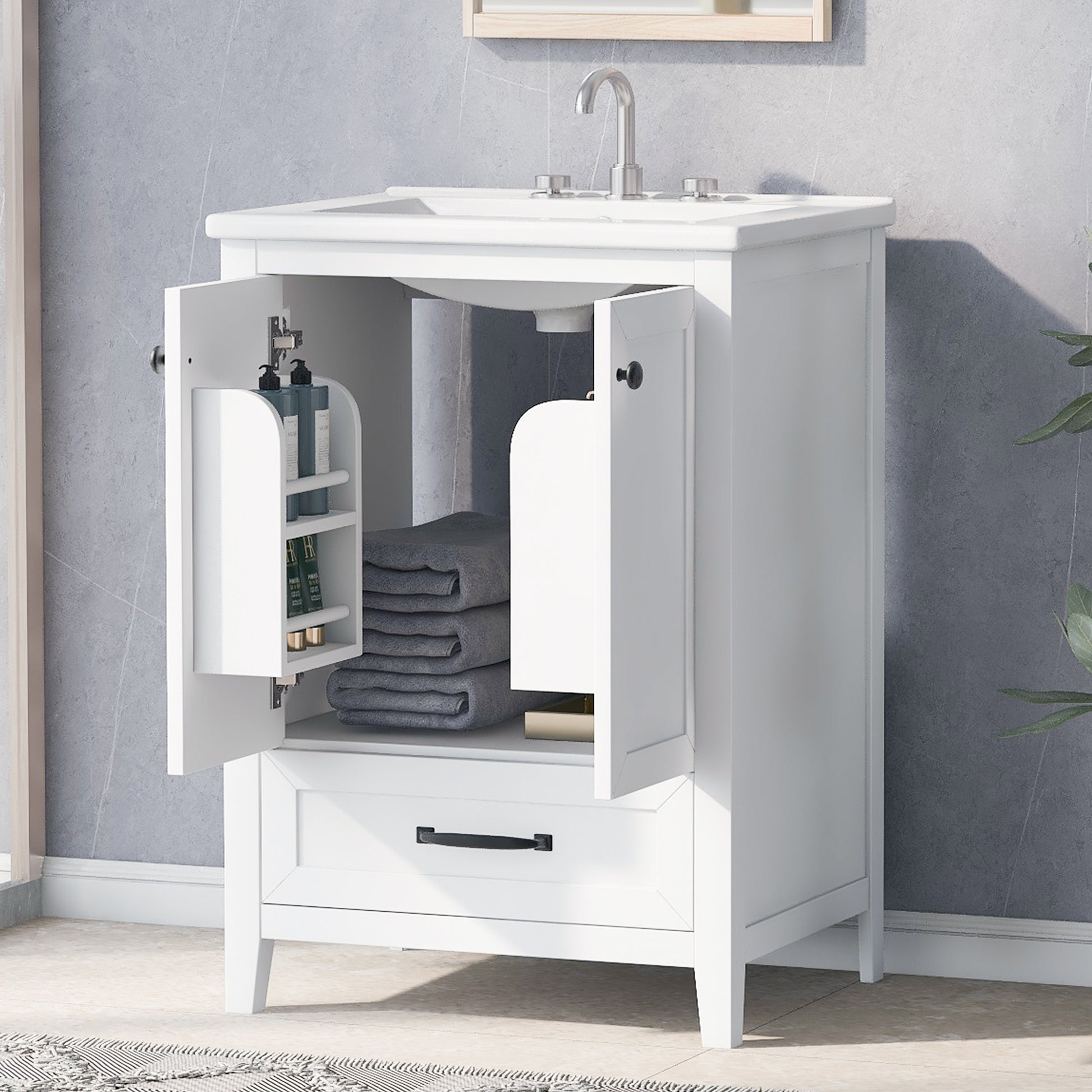 24" Bathroom Vanity With Sink, Bathroom Vanity Cabinet With One Drawer And Doors, Solid Wood And Mdf, White White Solid Wood Mdf