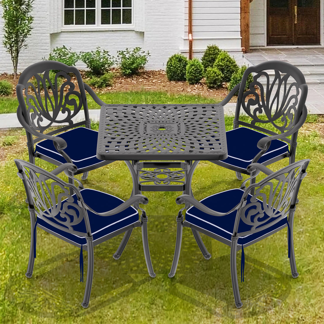Cushions In Random Colors 5 Piece Set Of Cast Aluminum Patio Furniture With Cushions Yes Dining Set Black Seats 4 Rust Resistant Frame Water Resistant Cushion Garden & Outdoor Complete Patio Sets Aluminium