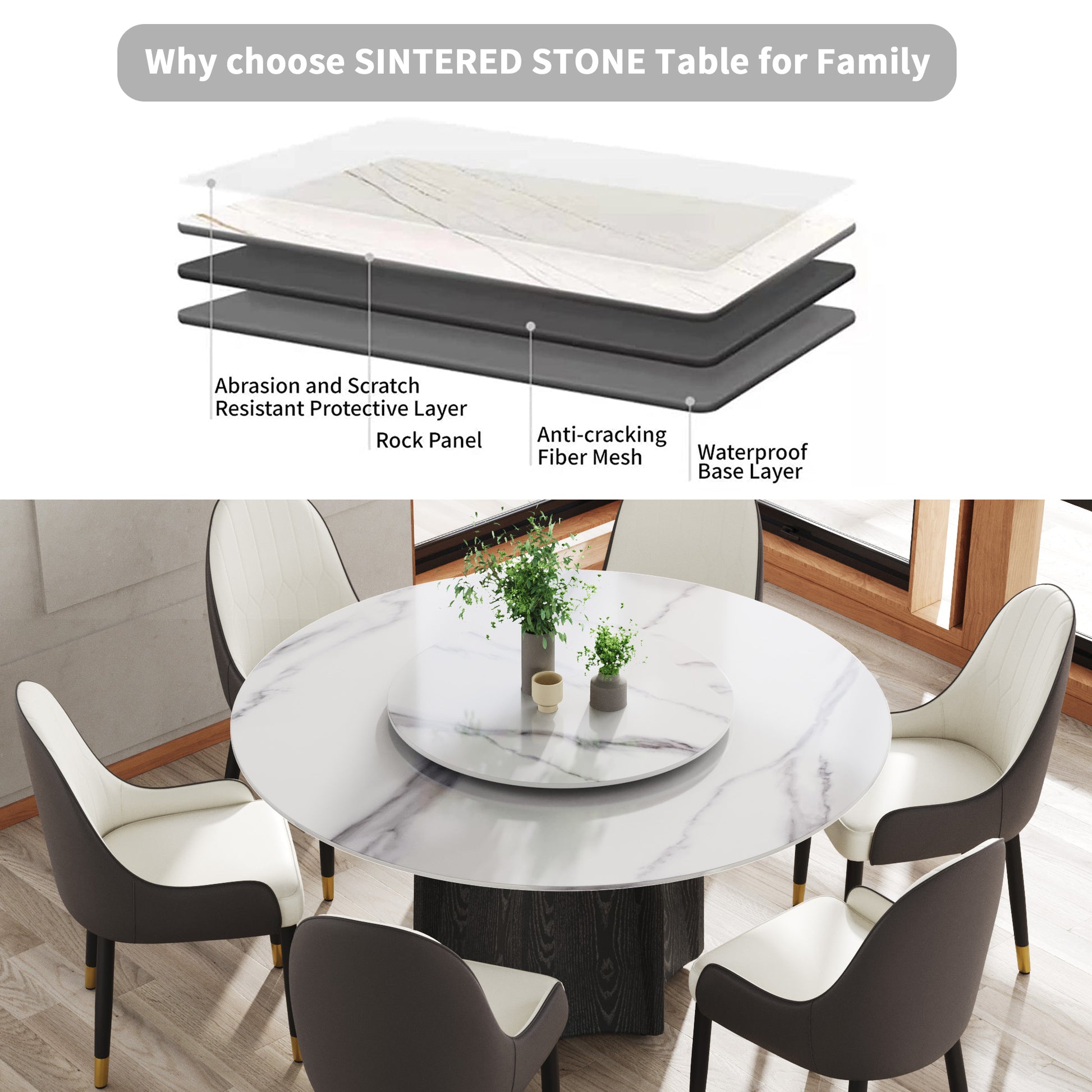 59.05" Round Marble Dining Table With Black Textured Solid Wood Base, Artificial Marble For 6 8 People, 31.5"White Artificial Stone Turntable,White Dining Table Only Black,White Dining Room Modern