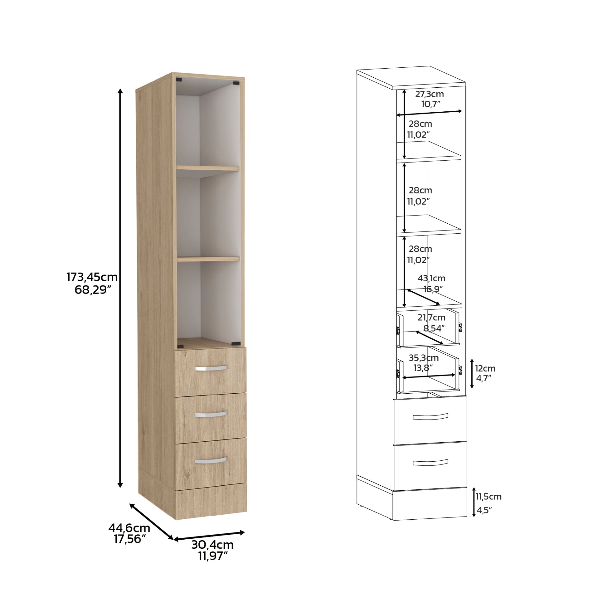 Linen Cabinet, Three Shelves, Four Drawers, Light Pine White Multicolor Solid Wood Mdf Engineered Wood