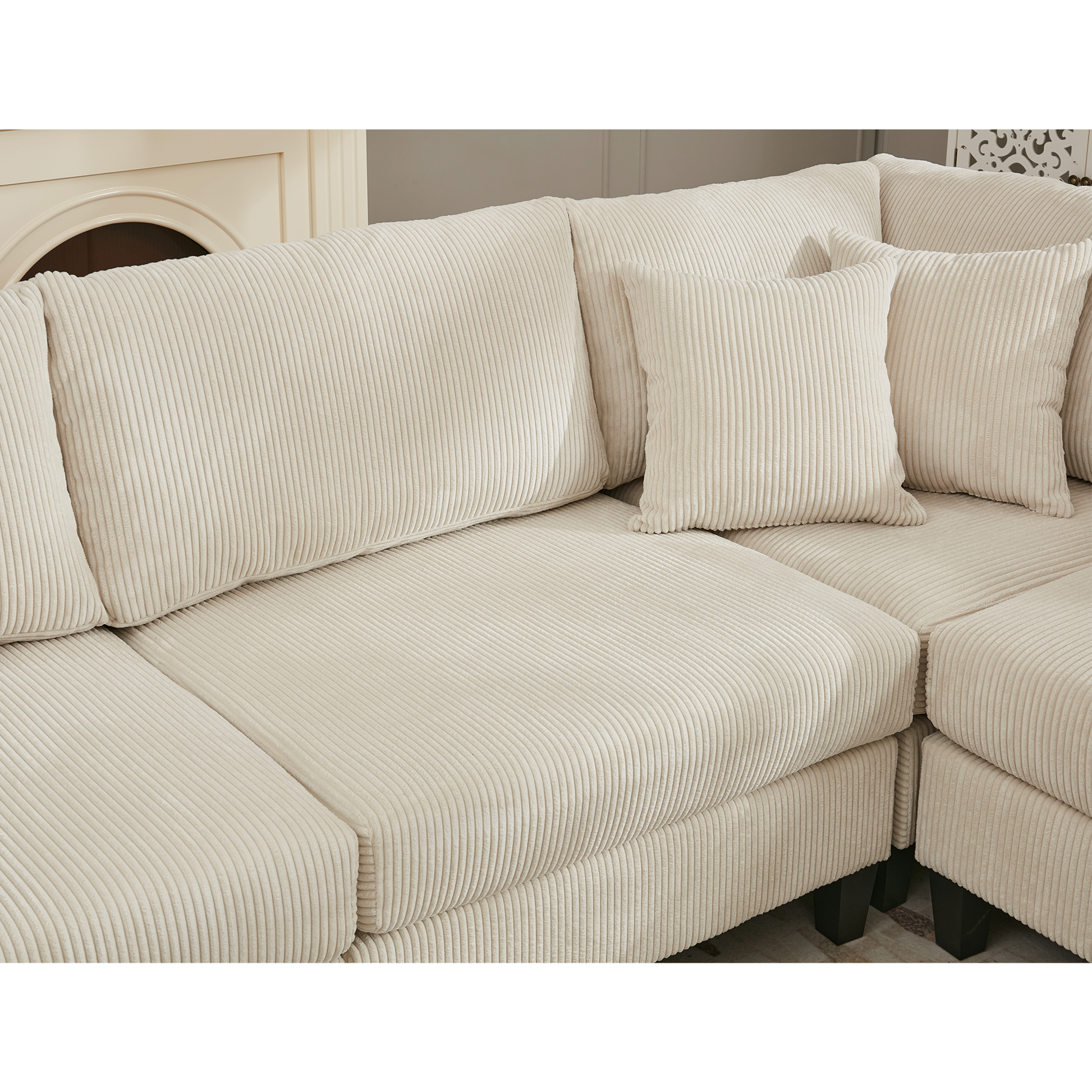 Packaging Upgrade Oversized Modular Sectional Sofa Set, L Shaped Couch,Corduroy ,Upholstered,Deep Seat,5 Seat,5 Throw Pillow And 6 Back Cushion,Living Room, Apartment ,Beige Beige Polyester Wood