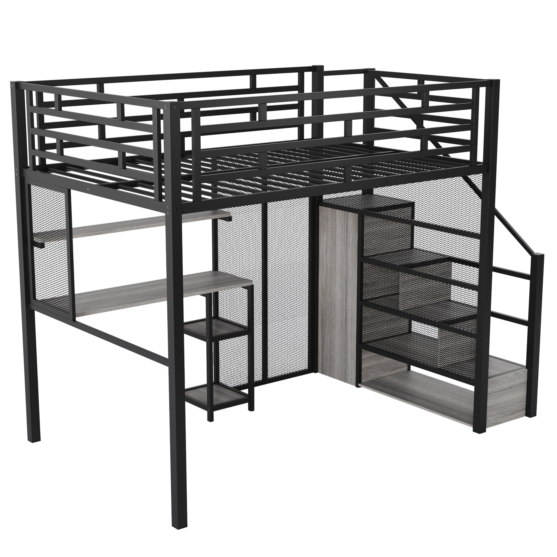 Full Size Metal Loft Bed With Wardrobe, Desk, Storage Shelves, Black Expected Arrival Time: 10.3 Box Spring Not Required Full Black Metal Mdf Metal