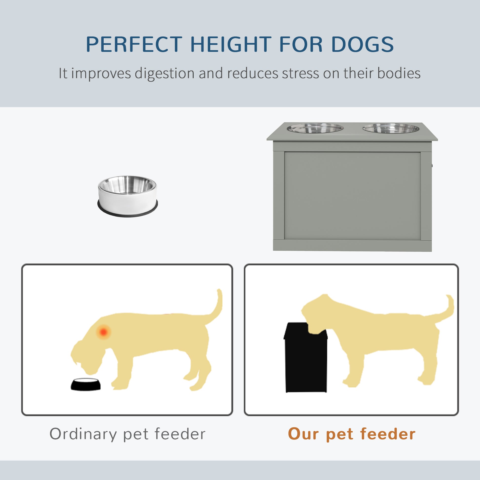 Pawhut Raised Pet Feeding Storage Station With 2 Stainless Steel Bowls Base For Large Dogs And Other Large Pets, Gray Gray Mdf