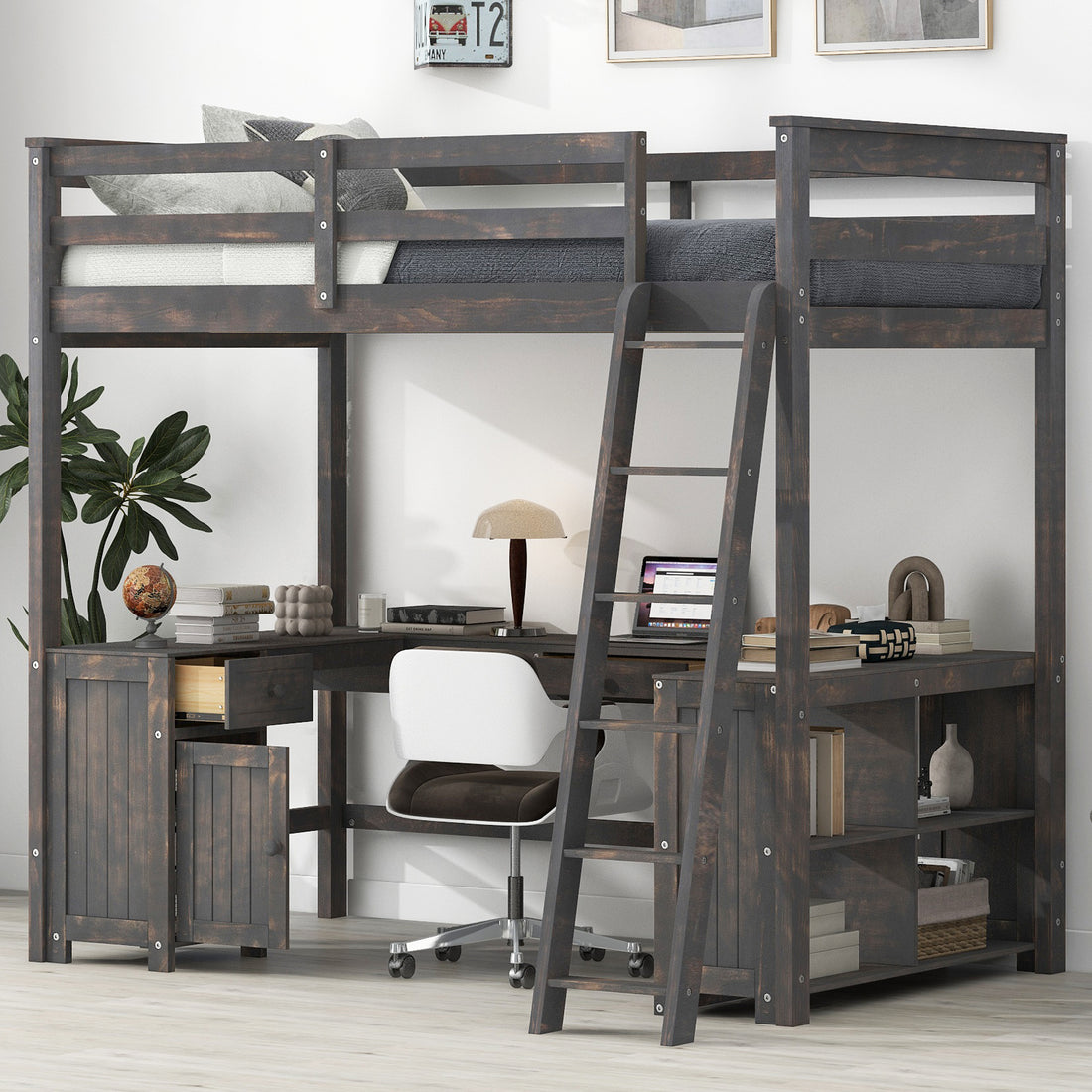 Full Size Loft Bed With U Shaped Desk, Drawers And Storage Shelves, Antique Brown Box Spring Not Required Full Antique Brown Wood Bedroom Solid Wood Mdf