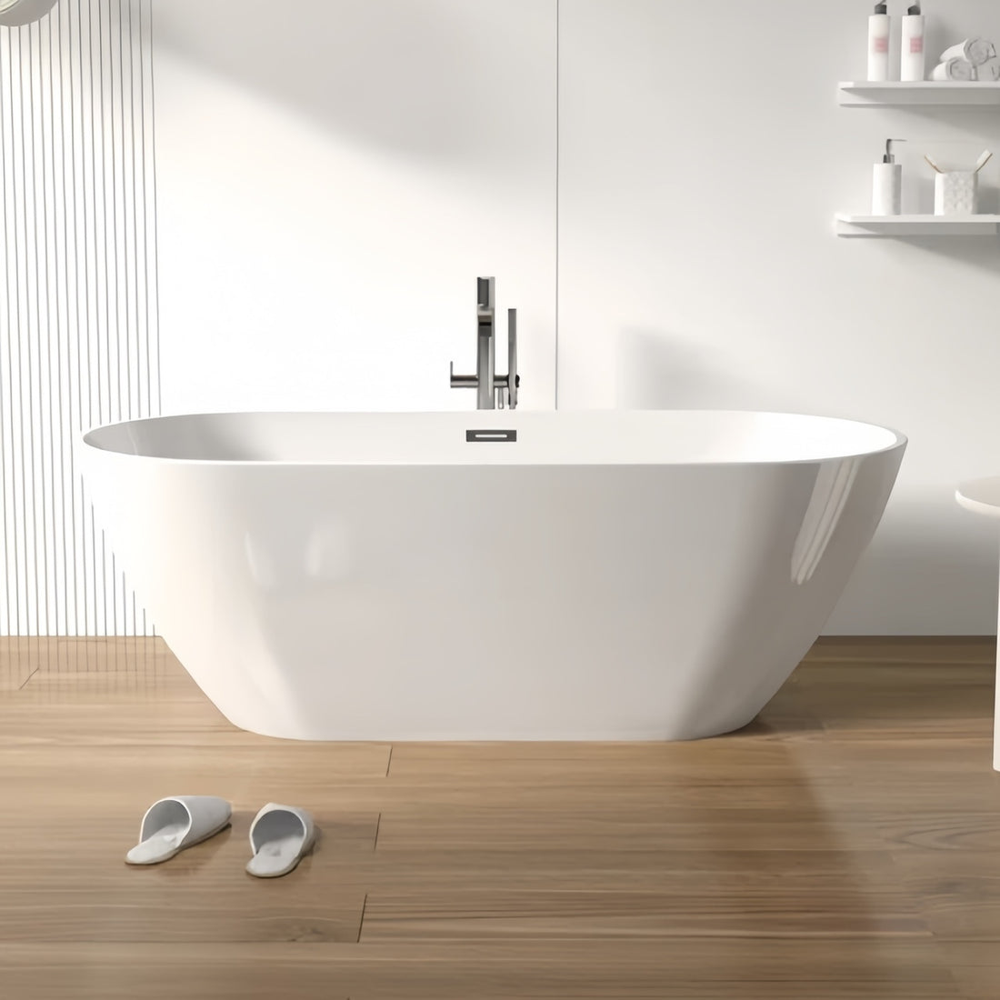 Freestanding Acrylic Soaking Bathtub With Chrome Overflow And Drain, Self Leveling Legs Flexible Hose Easy Installation, 24A09 60 Gloss White Bathroom Freestanding Tubs Acrylic