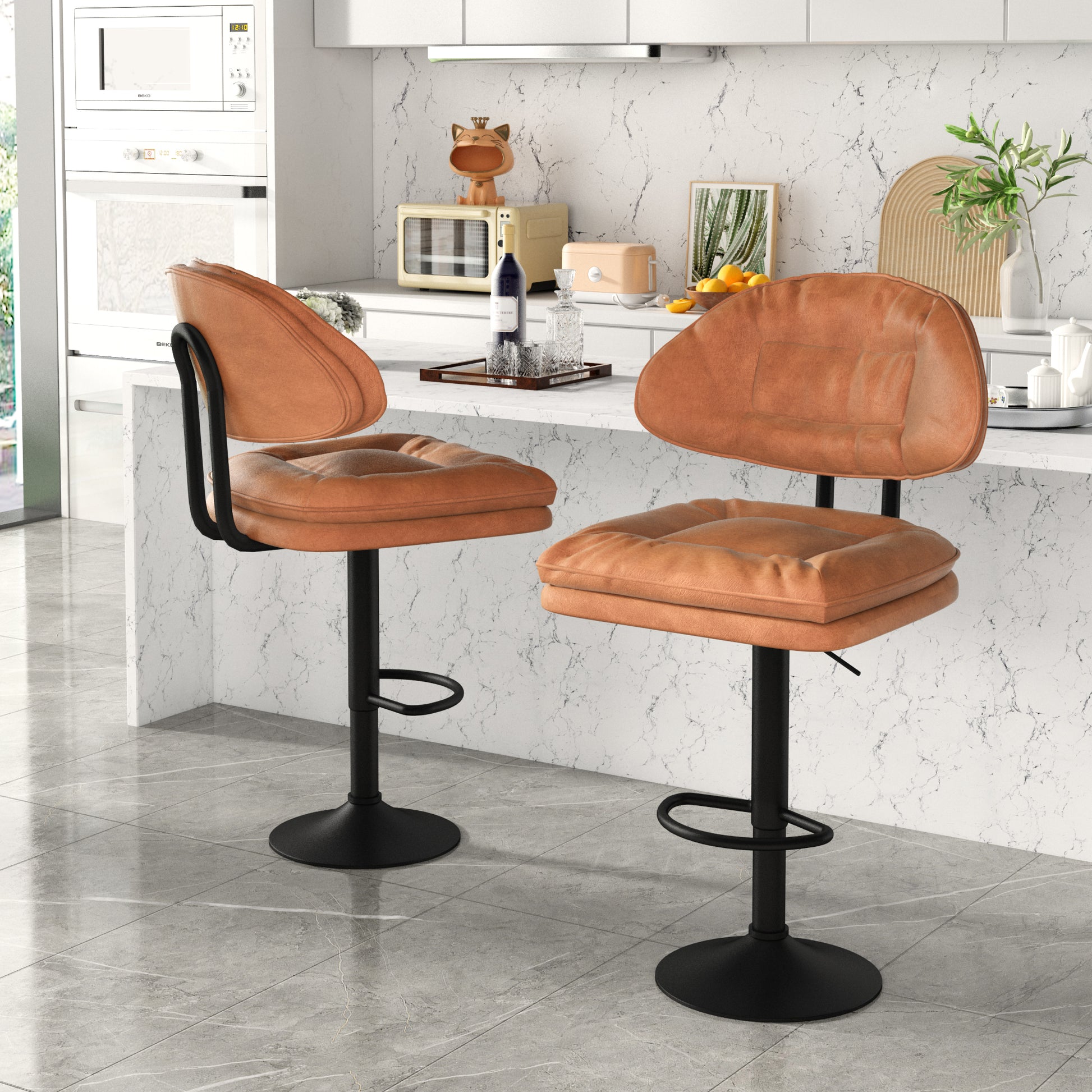 Modern Bar Stools Set Of 2, Ergonomic Upholstered Bar Stools With Back, Adjustable Double Layer Counter Stools, Swivel Barstools For Kitchen Island Orange Metal