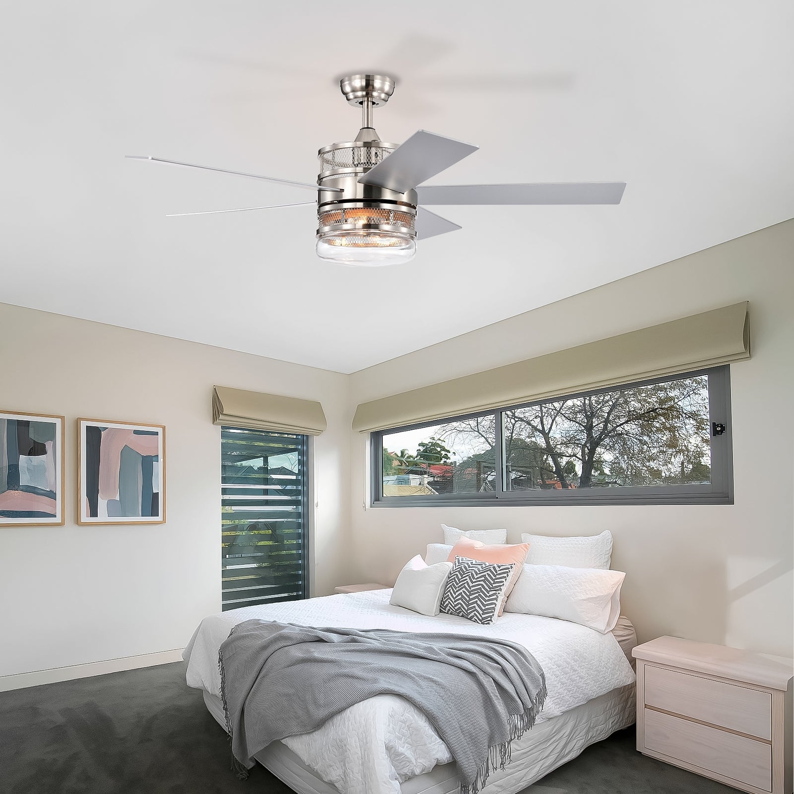 52 Inch 5 Blade Plywood Blades Ceiling Fan ,Dual Lamp Shade Ceiling Fan With Remote Control Optional Remote Satin Nickel Nickel American Design,American Traditional,Classic,Contemporary,Farmhouse Plywood Metal