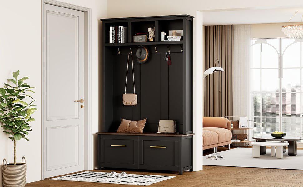 Versatile 4 In 1 Hall Tree With 6 Golden Hooks, Wood Grain Bench With Multiple Storage Space, Entryway Coat Rack With 2 Drawers For Living Room, Hallway, Black, 76.6''H Old Sku:N721S000034B Black