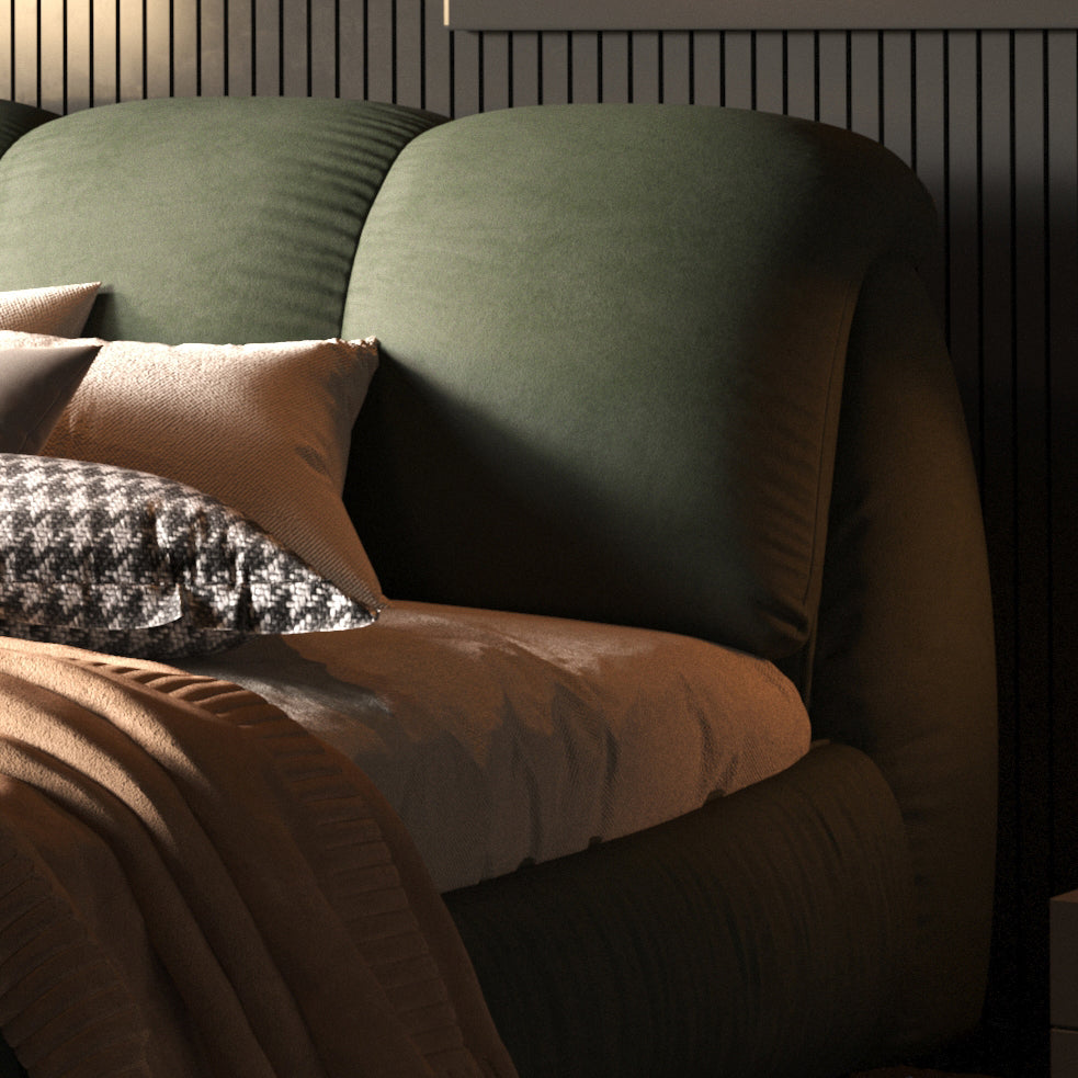 Queen Size Upholstered Platform Bed With Oversized Padded Backrest, Thickening Pinewooden Slats And Solid Wood Leg,Green Box Spring Not Required Queen Green Wood Pine Polyester Solid Wood